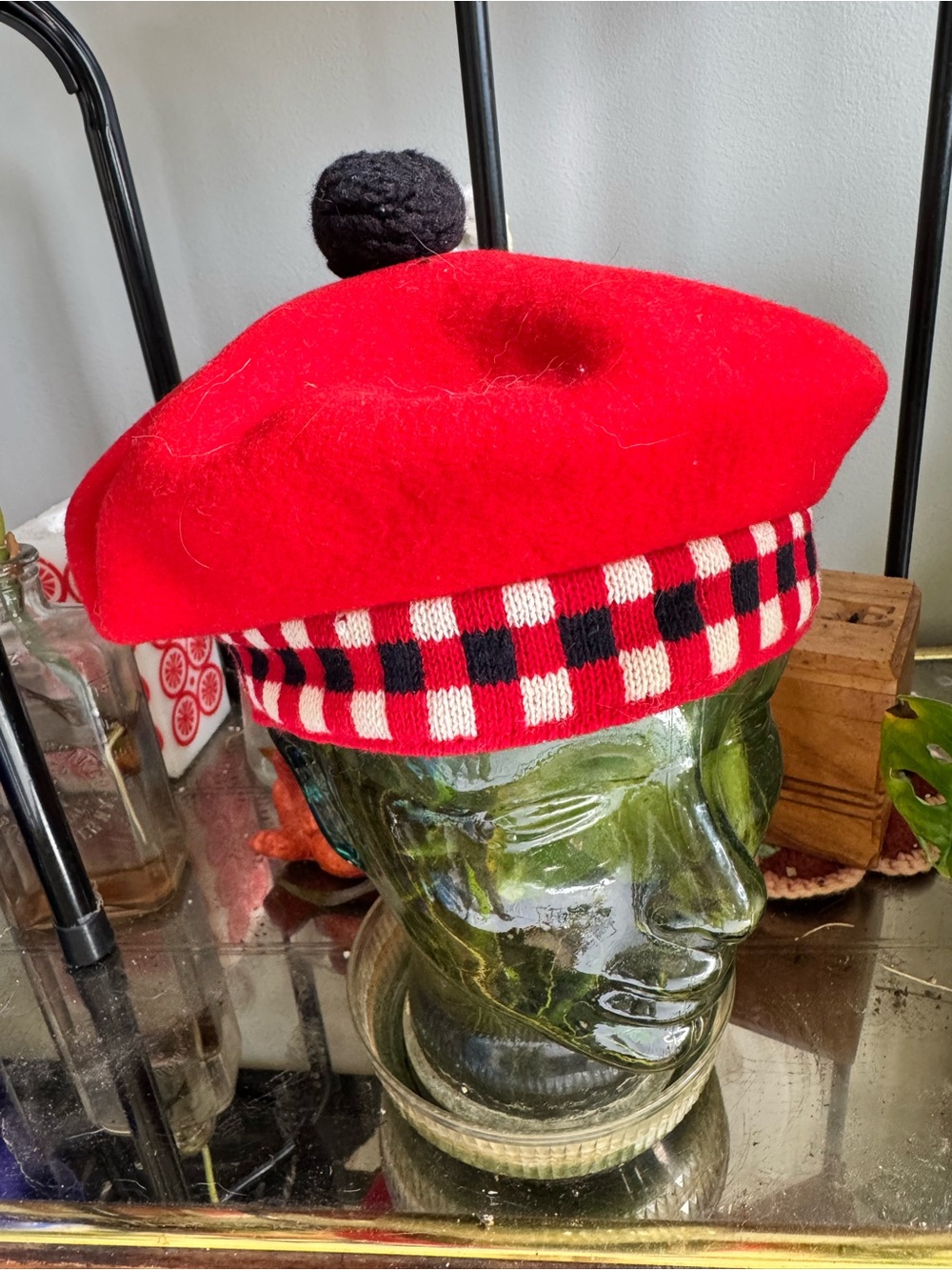 Vintage 1960s Red Wool Pom Pom Beret with Black & White Checkered Band